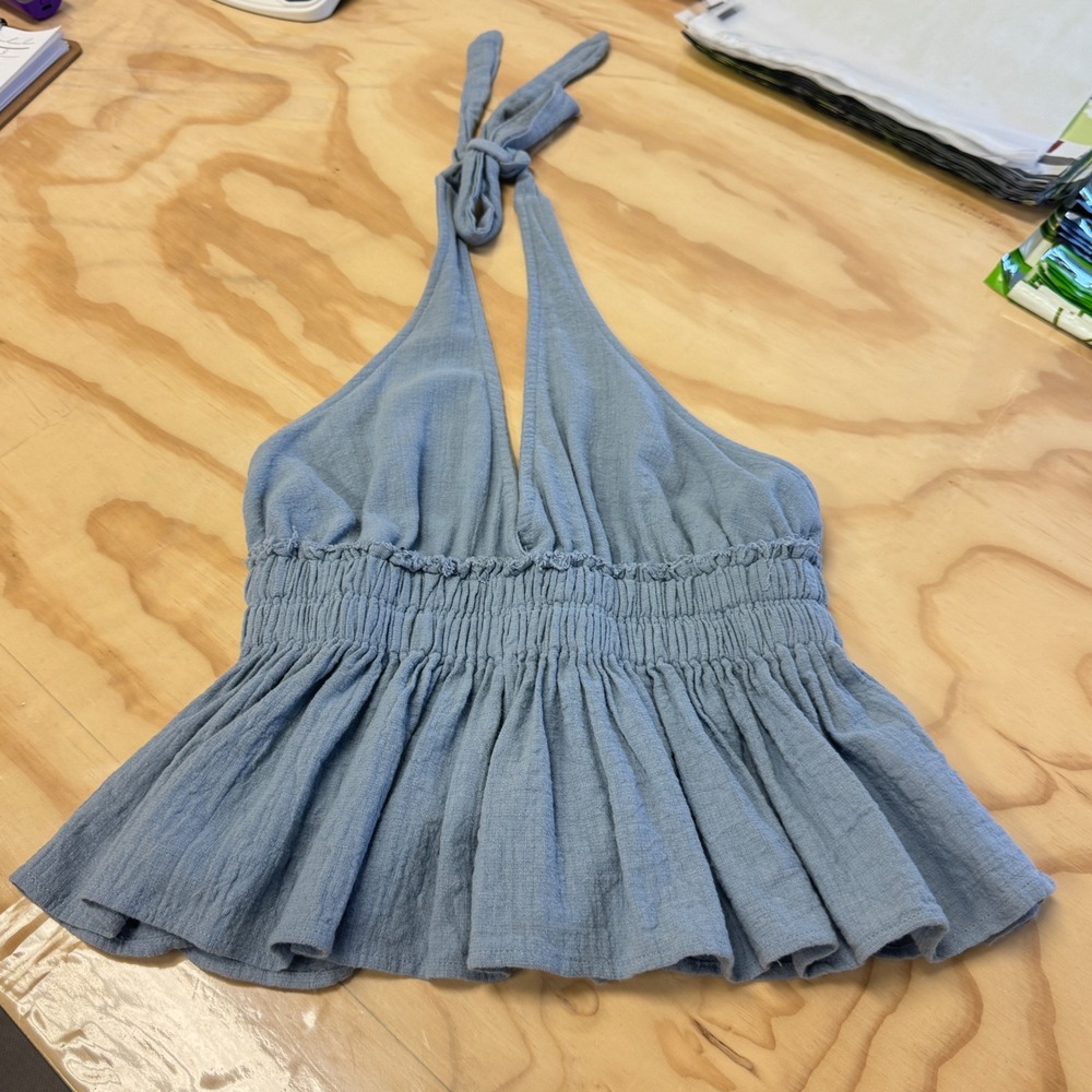 Ocean Drive Blue Cotton Gauze Smocked Halter Peplum Top Medium Boho Festival